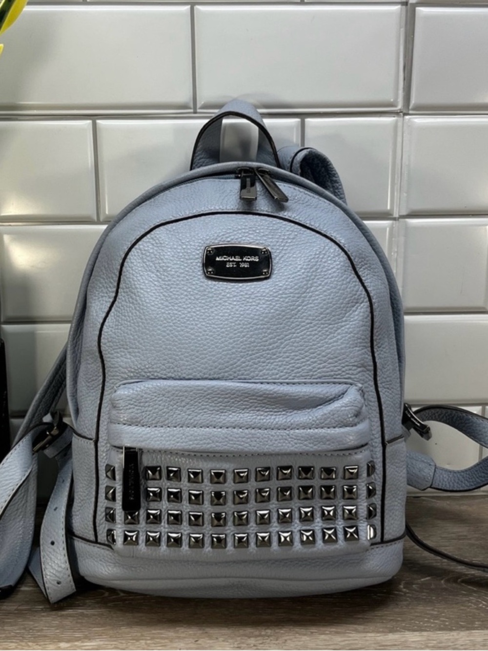 MICHAEL KORS JET SET ITEM XS STUDDED PEBBLE LEATHER BACKPACK IN PALE BLUE!